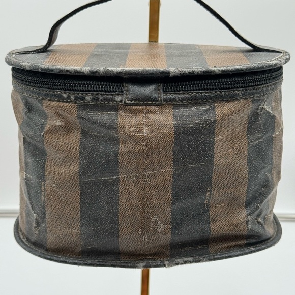 Fendi-Authentic-Pequin Vanity Case PVC leather Brown Black - Picture 3 of 9